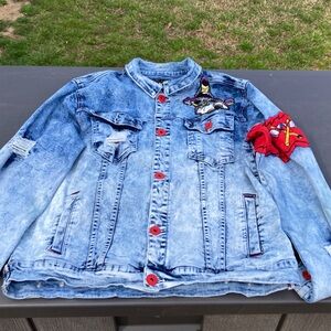 Trendy Distressed Denim Jacket with Patches